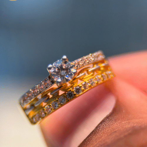 22KT Gold Engagement Ring with Built-In Band & CZ Stones