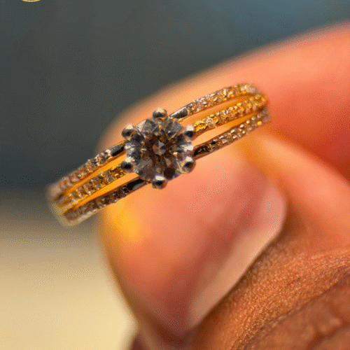 22KT Gold Engagement Ring with Center CZ & Triple-Row Side CZ Stones