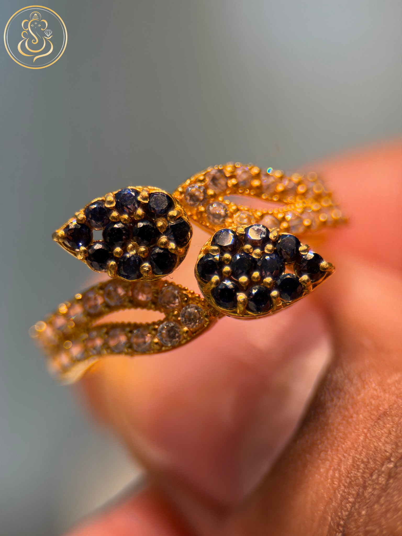 22KT Gold Ring with White & Dark Blue CZ