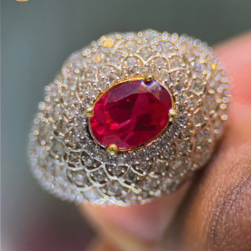 Natural Diamond & Red Stone Ring – 18KT Yellow Gold