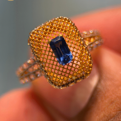 22KT Gold Ring with Dark Blue Rectangular CZ & White CZ Accents