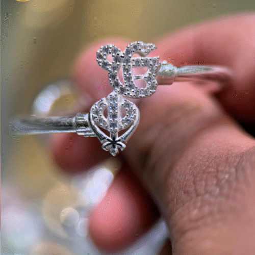 Khanda & Ek Onkar Baby Silver Adjustable Bangle Pair with CZ Stones