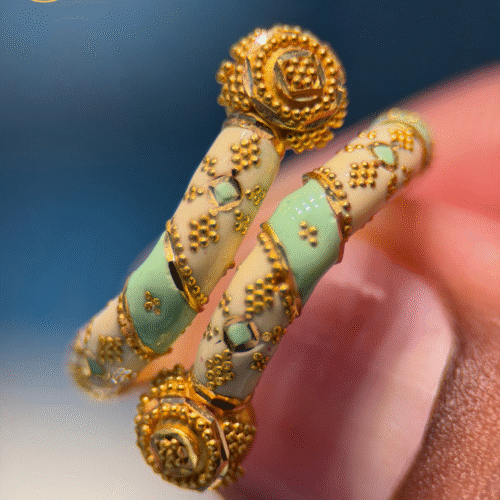 22KT Gold Ladies Meenakari Ring with White & Light Green Enamel