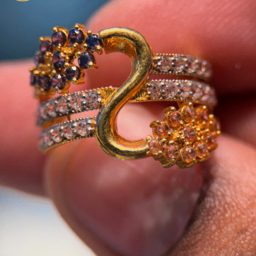 22KT Gold Ring with White, Blue & Yellow CZ Stones