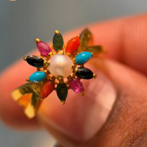 22KT Gold Navratna Ring with Synthetic CZ Stones