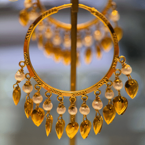 22KT Gold Baliyan (Hoop Earrings) with Synthetic Pearls – 13.21 g