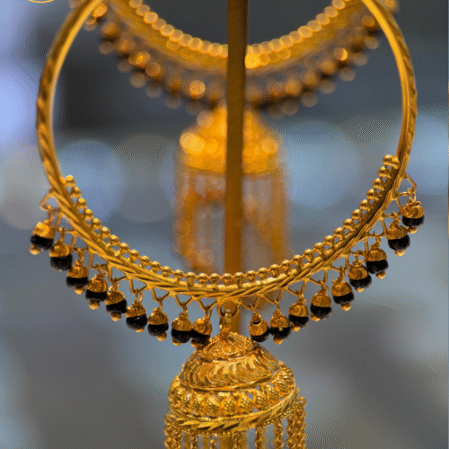 22KT Gold Baliyan (Hoop Earrings) with Black Stones – 22.67 g